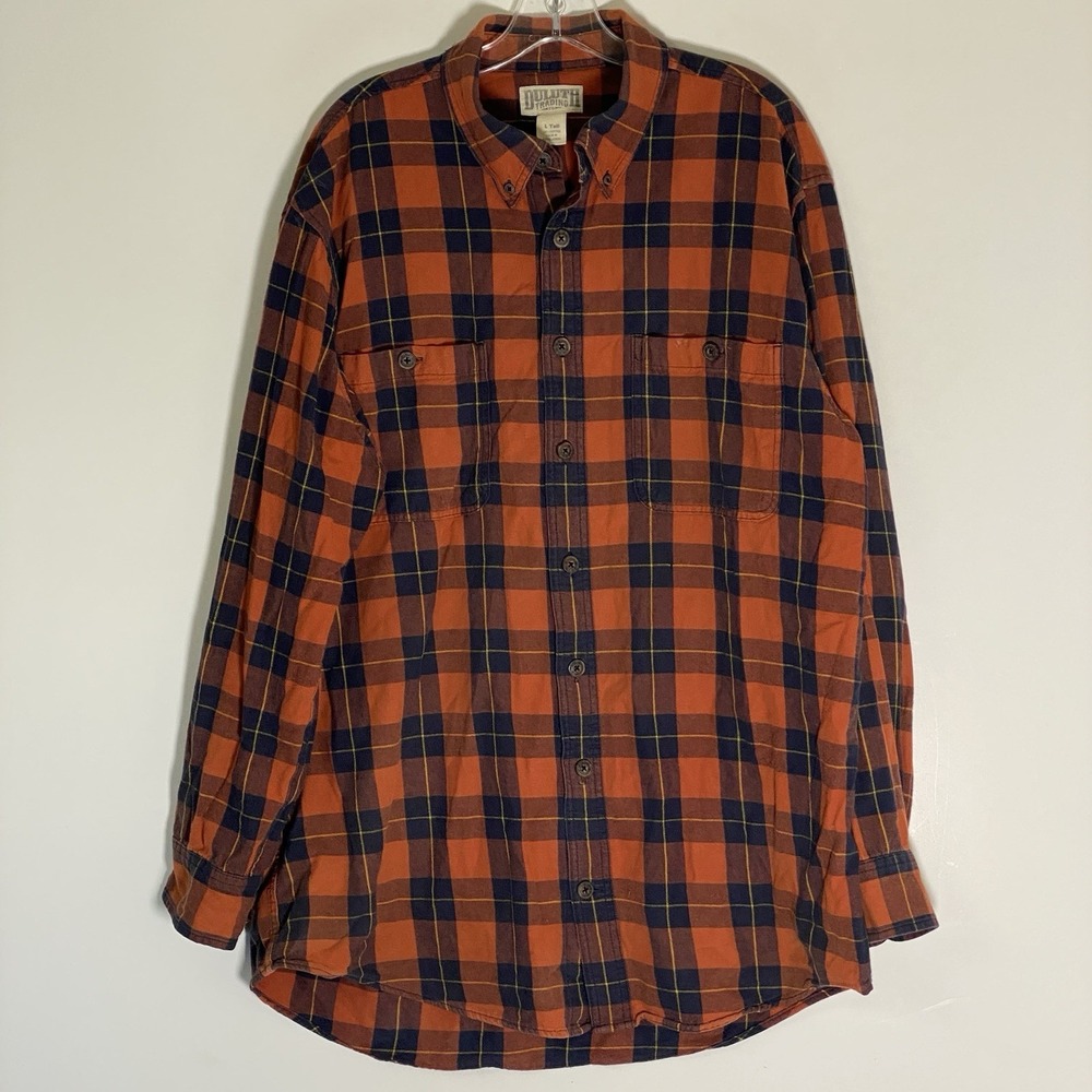 Duluth Trading Co Shirt‎ Mens Large Tall Orange Blue Plaid Flannel Cotton Brawny